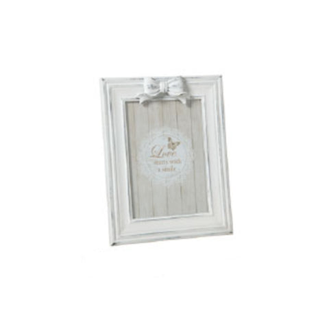L'ART DI NACCHI Rectangular Photo Frame in White Resin with Antique Effect Bow 16x2,5x21 cm