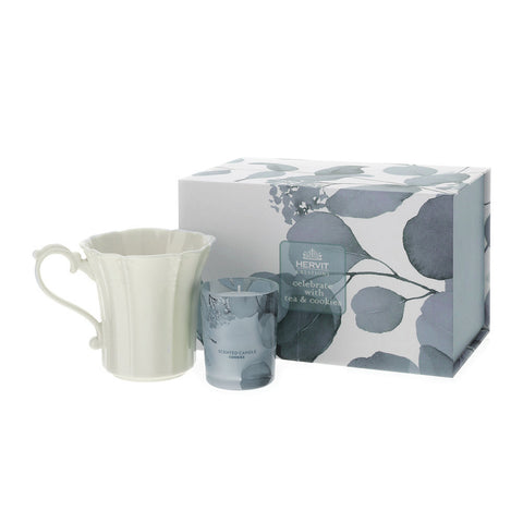 Hervit Set candela con mug in porcellana box regalo "Botanic" blu