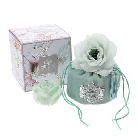 HERVIT Bucket covered in velvet with candle and green flower 10x10.5 cm