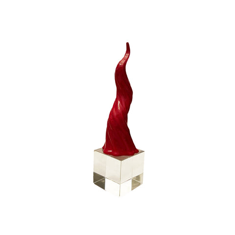 SHARON Porte-bonheur en porcelaine rouge corne torsadée sur cube de cristal H19 cm