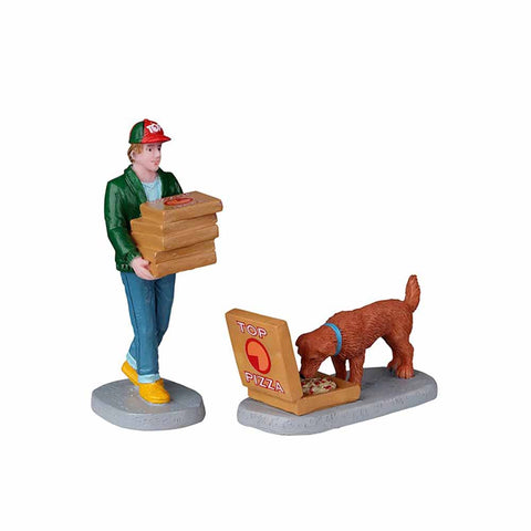 LEMAX Set of 2 "Top Pizza Delivery" pizza holders and dog for your Christmas village