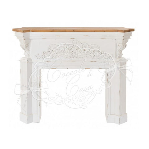 COCCOLE DI CASA Decorative fake wall fireplace "Jane" in cream color with natural wooden top, Shabby Chic vintage antiqued effect 140x32x110 cm