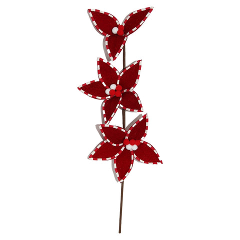 VETUR Decorazione natalizia ramo con tre fiori rossi e pompon 64 cm