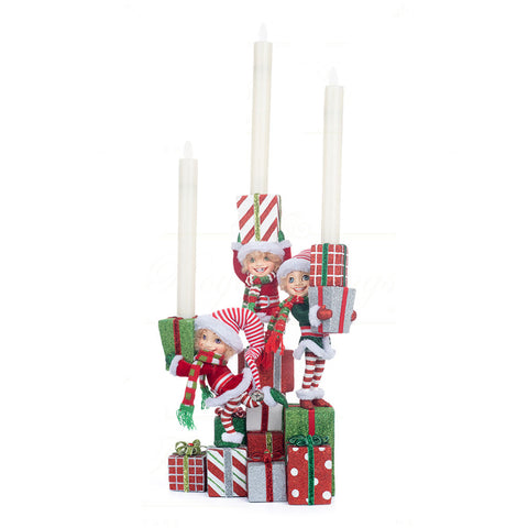 GOODWILL Three Christmas candlestick with elves and gifts in resin