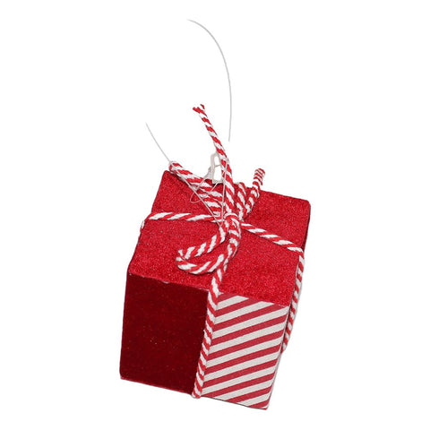 VETUR Decoro natalizio pacco regalo bianco e rosso in tessuto da appendere 9 cm