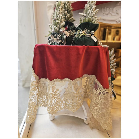 Fiori di Lena Christmas table cover in velvet and lace Made in Italy 130x130 cm
