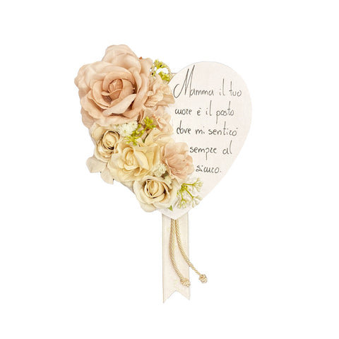 MATA CREATIONS Assiette coeur en bois avec dédicace MAMMA avec fleurs ivoire 21x21 cm