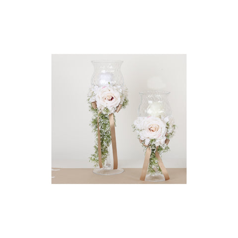 FIORI DI LENA Bougeoir en verre avec brume, bourgeon et hortensia beige H 45 cm