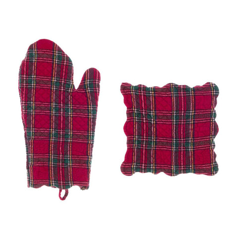 Ensemble gant et manique de Noël Blanc Mariclò en tartan rouge 18x32/18x18 cm