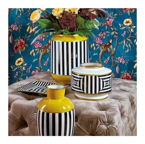 Fade Indoor cylinder vase for plants or flowers, Yellow plant holder with colored lines in ceramic "Vogue" Modern Design, Glamor