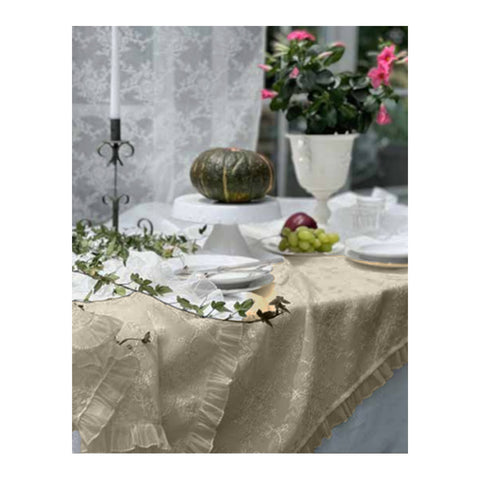 ATELIER 17 DIVINA 14-seater tablecloth with tulle flounce and floral embroidery 160x270 cm.