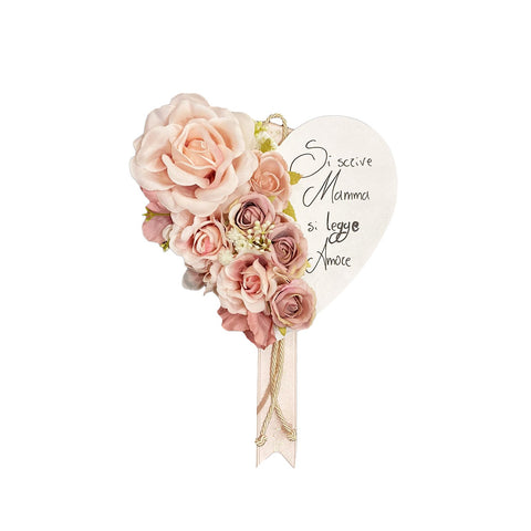 MATA CREATIONS Assiette Coeur en bois avec dédicace MAMMA avec fleurs roses 21x21 cm