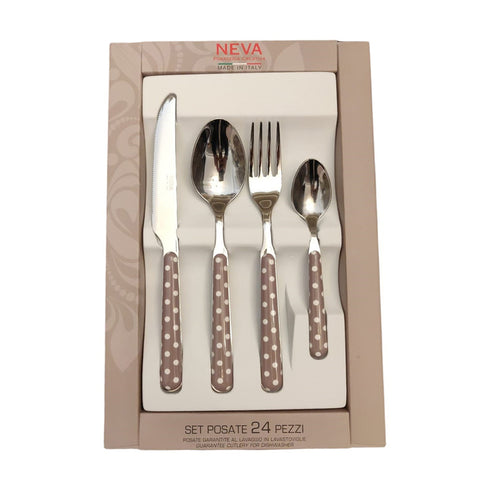 Neva Posateria Creativa Stainless steel cutlery set for 6 people, 24-piece set with dove gray polka dots made in Italy