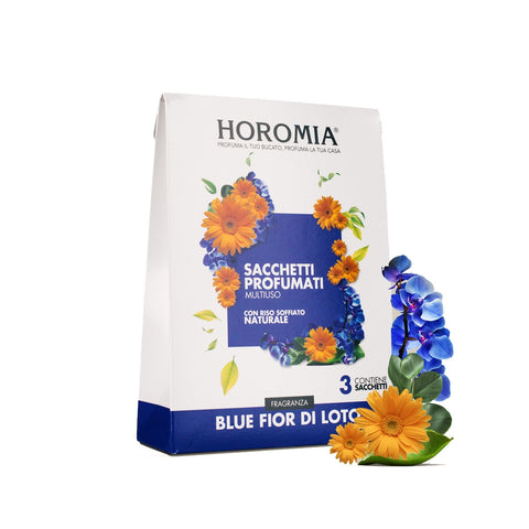HOROMIA Lot de 3 sachets parfumés au riz naturel BLEU "Fior di loto" parfumeurs polyvalents