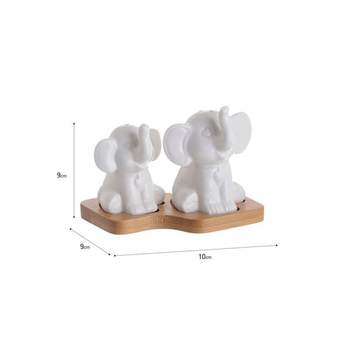 INART Set da due Saliera e Pepiera a forma di elefanti, sale e pepe da cucina in porcellana bianca con base in bambù Shabby Chic