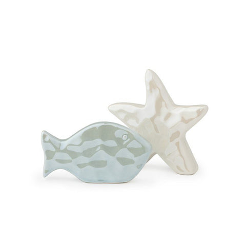 HERVIT Set starfish + blue fish in pearly embossed porcelain 11 cm 27521