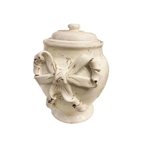 LEONA Potiche con coperchio Shabby Chic ceramica avorio con fiocchi H25 cm