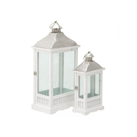 INART Set 2 wood and white metal candle holder lanterns 28.5x18.5x62.5 cm