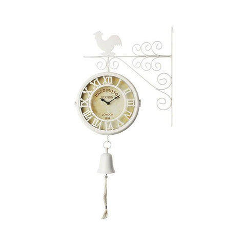 INART Horloge murale de gare avec coq et clochette pendante en métal blanc cassé et crème, vintage Shabby Chic