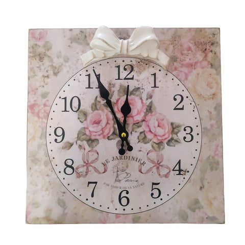 L'arte di Nacchi Square wall clock in mdf wood with roses and bow in wood paste with antique effect "Le Jardinier", Vintage Shabby Chic