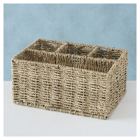 Boltze Rectangular Wicker Bottle Basket, Basket with 4 Storage Compartments Made of Seaweed Wood and Iron, Natural Material "ELSTRA", Country Vintage