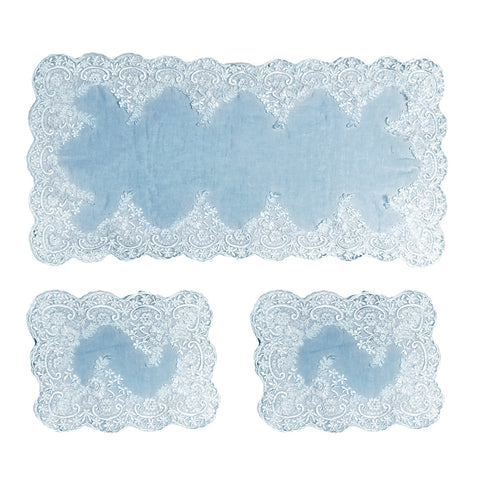 TEXTILE WORKSHOP Three doilies with light blue cotton lace embroidery 96x42 35x27