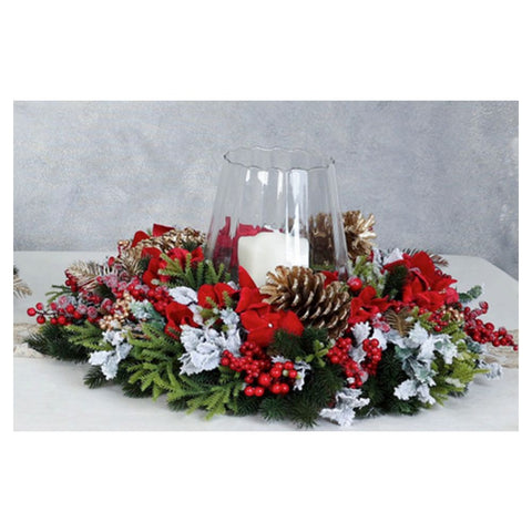 FIORI DI LENA Centrotavola con ampolla pino natalizio bianco/verde con decori, rose e ortensie Ø65