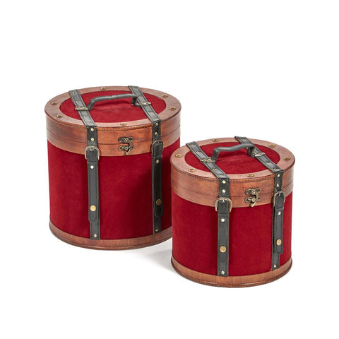 GOODWILL Set of 2 hatboxes pair of wooden trunks with red velvet H35 H30