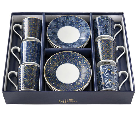 EASY LIFE Set de 6 tasses à café et soucoupes en porcelaine bleue 100 ml R0126#CMAR