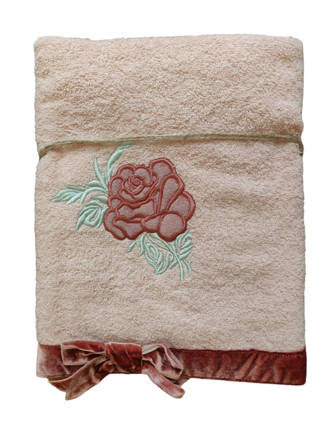 L'ATELIER 17 Set of 2 bath and guest towels in cotton terry with rose and bow, "Velvet Rose" Shabby Chic collection 6 variants