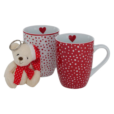 MAGNUS REGALO Set 2 mugs with ILVA teddy bear keychain gift box with hearts 330 ml