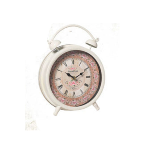 L'ARTE DI NACCHI Sveglia orologio d'appoggio in ferro bianco con fiori rosa 21x6x27 cm