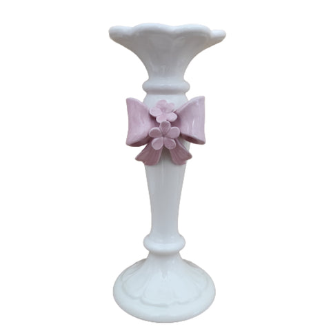 NALI' White Capodimonte porcelain candlestick with pink bow 35cm LF29ROSA