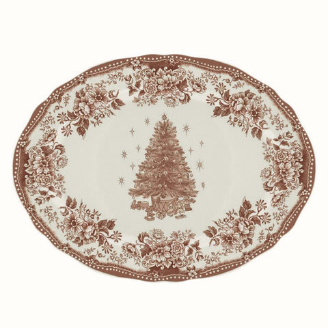 BLANC MARICLO' Plateau ovale de Noël DIANA ROSE céramique rouge 25,4x2 cm