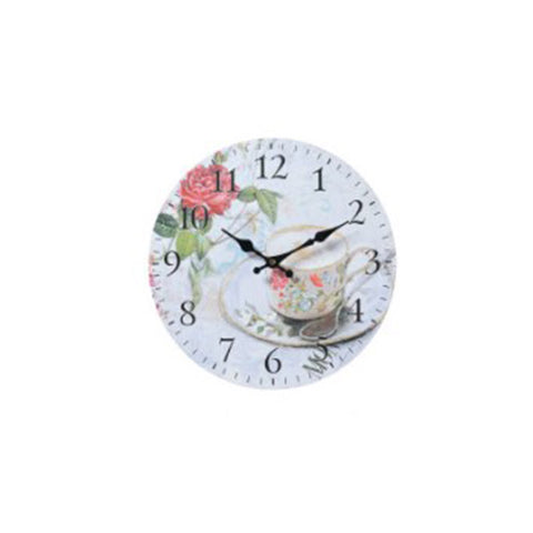 L'arte di Nacchi Wall clock in mdf wood with coffee cup and rose, Vintage Shabby Chic