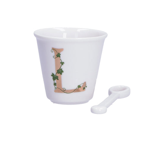 WHITE PORCELAIN Set coffee cup + initial spoon L pink 75 cc