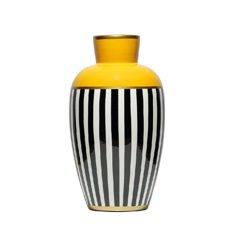Fade Indoor high amphora for plants or flowers, Yellow vase with colored lines in porcelain "Vogue" Modern Design, Glamor