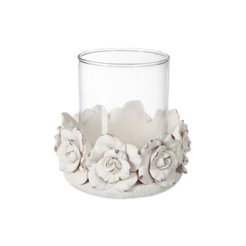 COCCOLE DI CASA Centerpiece glass candle holder decorated with antique effect ivory polyresin roses, Shabby Chic