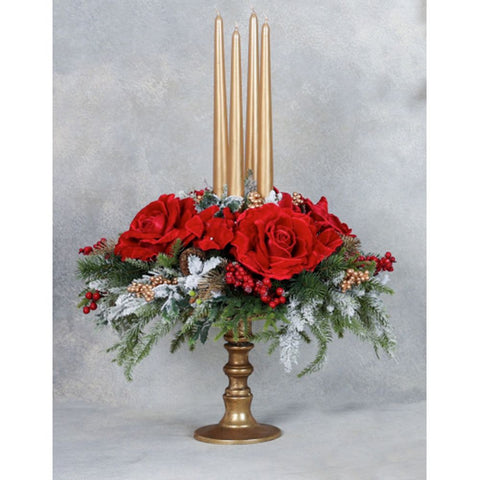 FIORI DI LENA Présentoir à gâteaux de Noël décoré de pins enneigés, de roses et de pommes de pin rouges H 65 cm