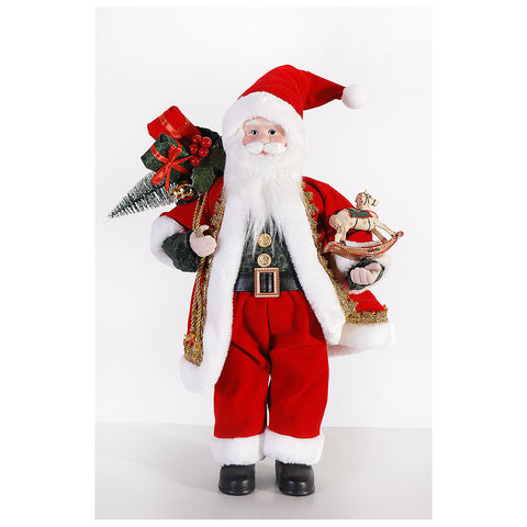 Figurine VETUR Père Noël avec cadeaux et cheval à bascule en résine et tissu H46 cm