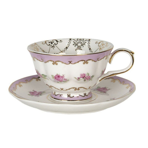 CLAYRE & EEF Set 2 tazze caffè con piattino porcellana con fiori rosa 13*10*6 cm