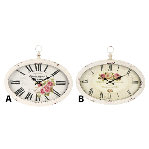 FABRIC CLOUDS Horloge murale ovale en métal blanc et fleurs roses 50x33,5 cm