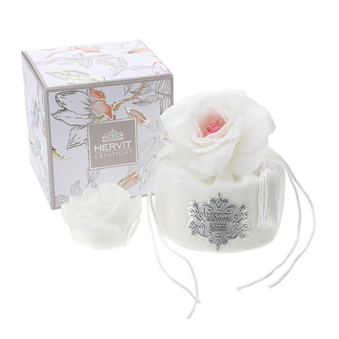 HERVIT Bucket covered in velvet with candle and white flower 10x10.5 cm