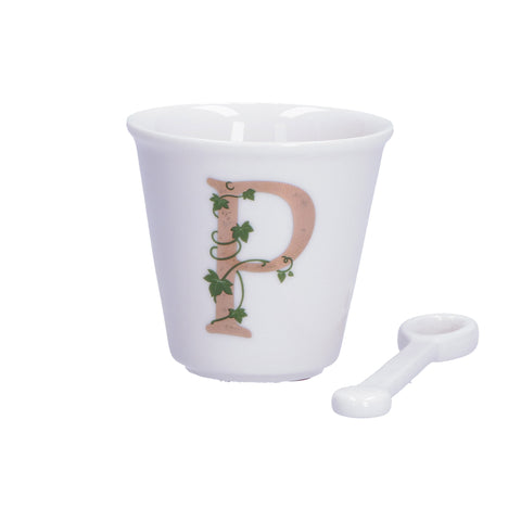 WHITE PORCELAIN Set coffee cup + initial spoon P pink 75 cc