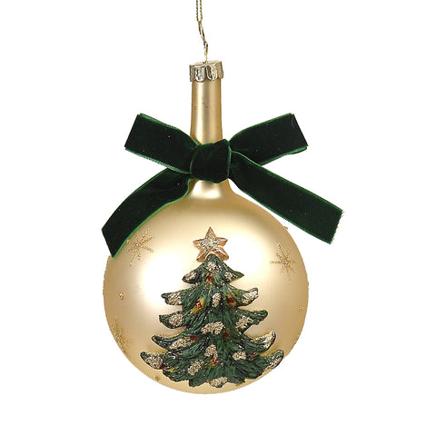 VETUR Décoration de Noël boule en verre doré avec sapin vert en relief 10 cm